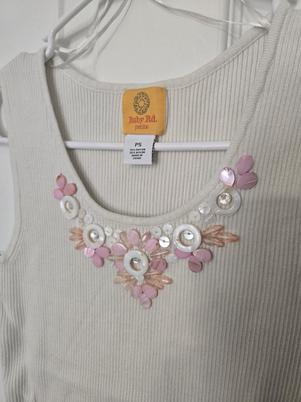 Ruby Rd. Petite Cream Ribbed Tank with Pink Beaded Neckline